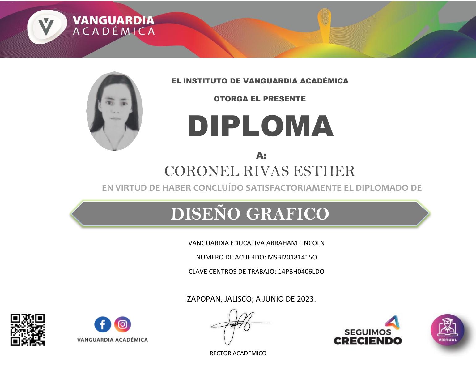 Diploma en Diseño Gráfico otorgado a Esther Coronel Rivas