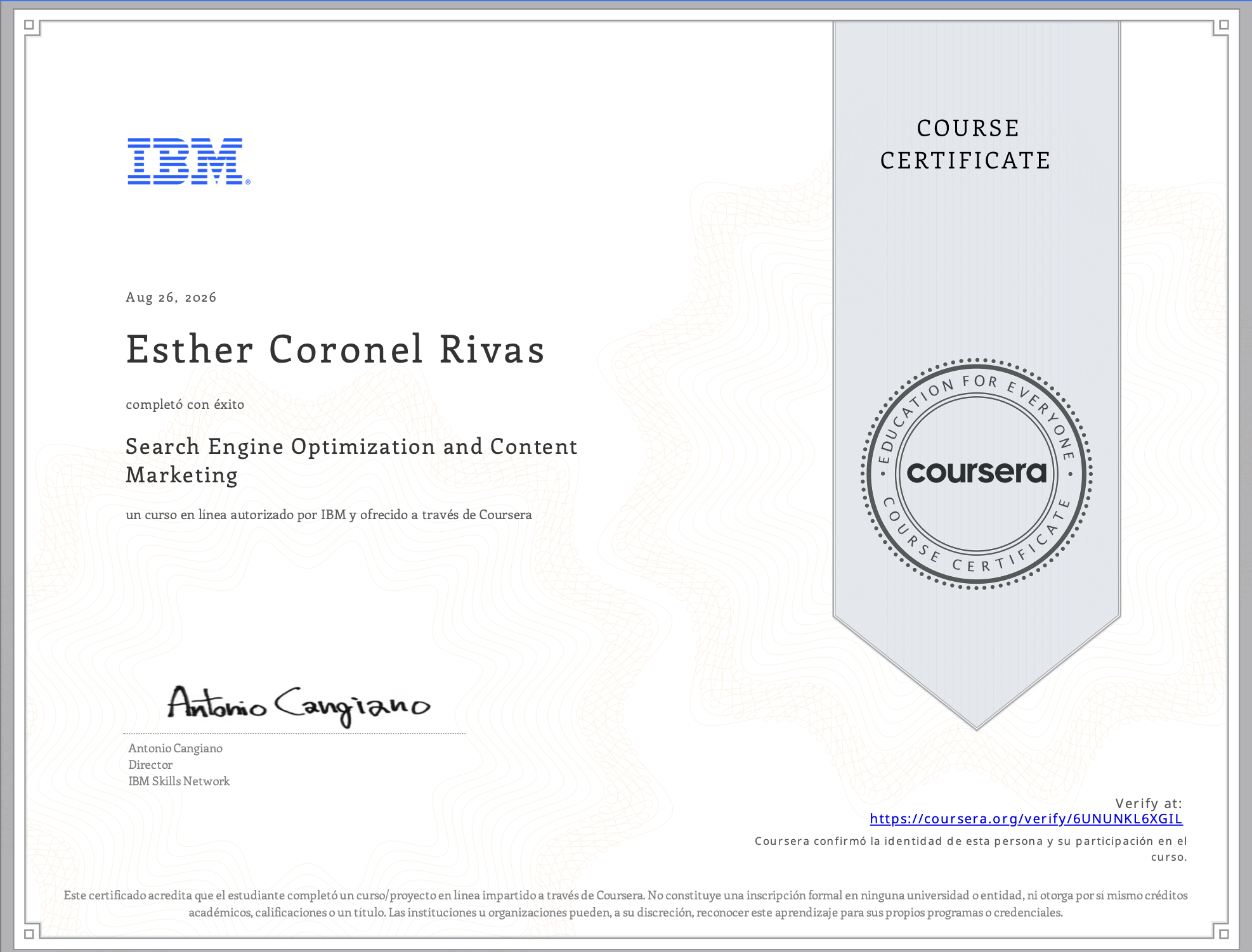 Certificado de Search Engine Optimization and Content Marketing emitido por IBM y Coursera