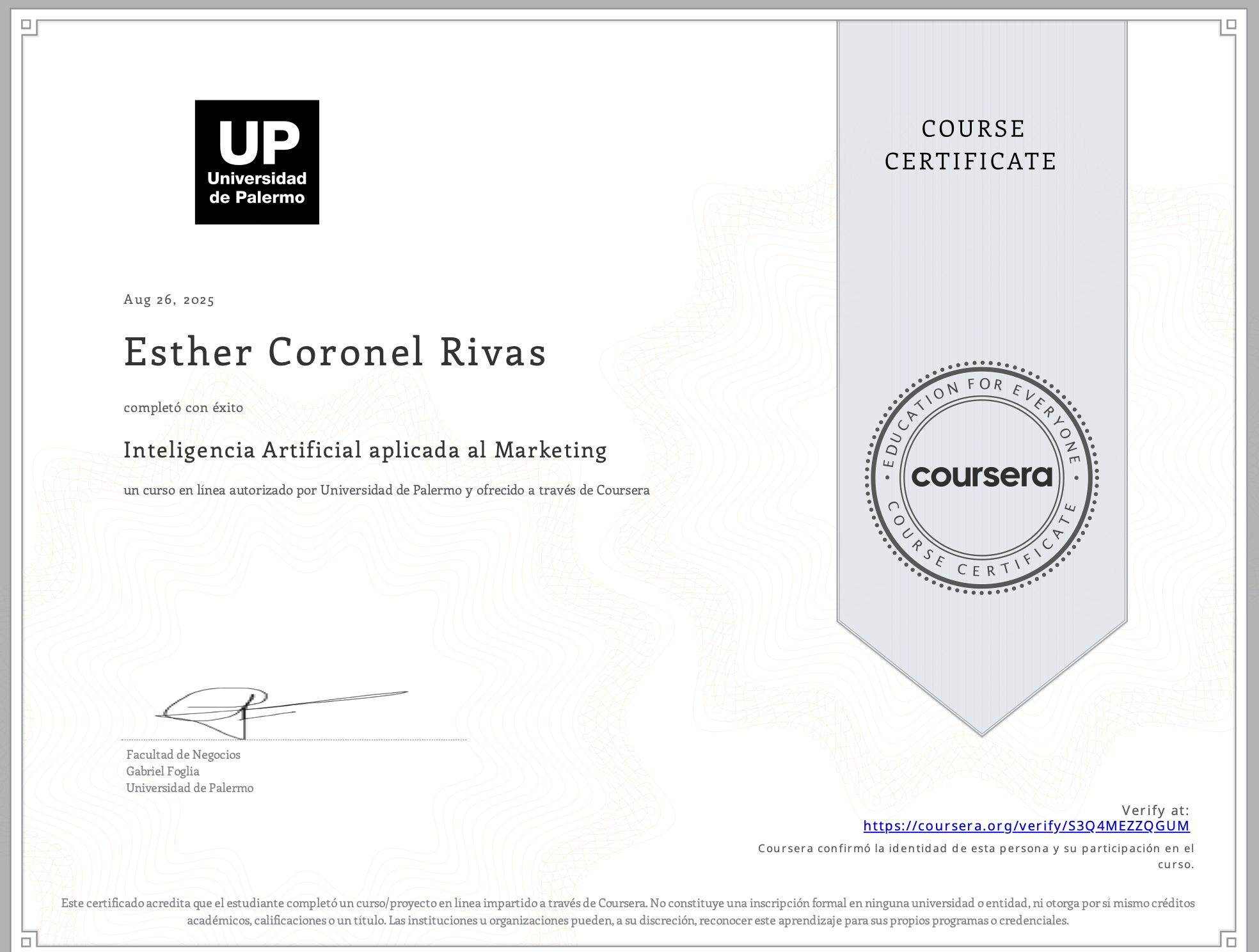 Certificado de Inteligencia Artificial aplicada al Marketing emitido por Universidad de Palermo y Coursera