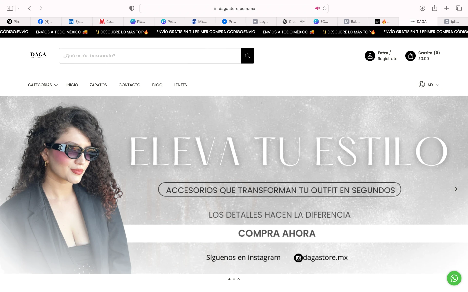 Sitio web de DAGA Store con banner ELEVA TU ESTILO y productos de accesorios