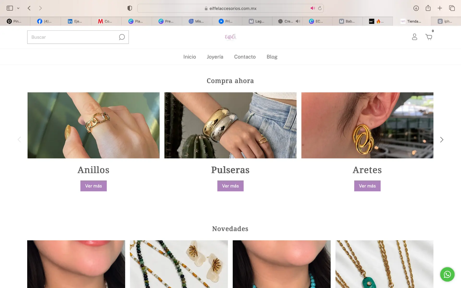 Sitio web de Eiffel Accesorios con categorías de anillos, pulseras y aretes